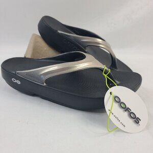 NWT Oofos Womens Oolala Sandals Latte Black Size 7 USA Comfort Foam Flip Flops